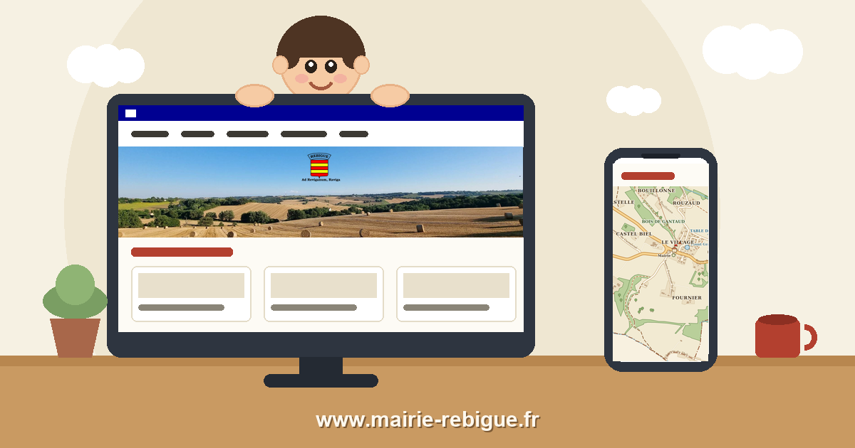 Illustration : une personne derrière son ordinateur affichant la page d'accueil du site de la mairie, avec un téléphone montrant la carte de Rebigue