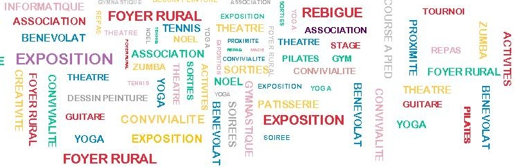 Nuage de mots des activités du Foyer rural de Rebigue : théâtre, yoga, expositions, tennis, zumba, gymnastique, sorties, convivialité