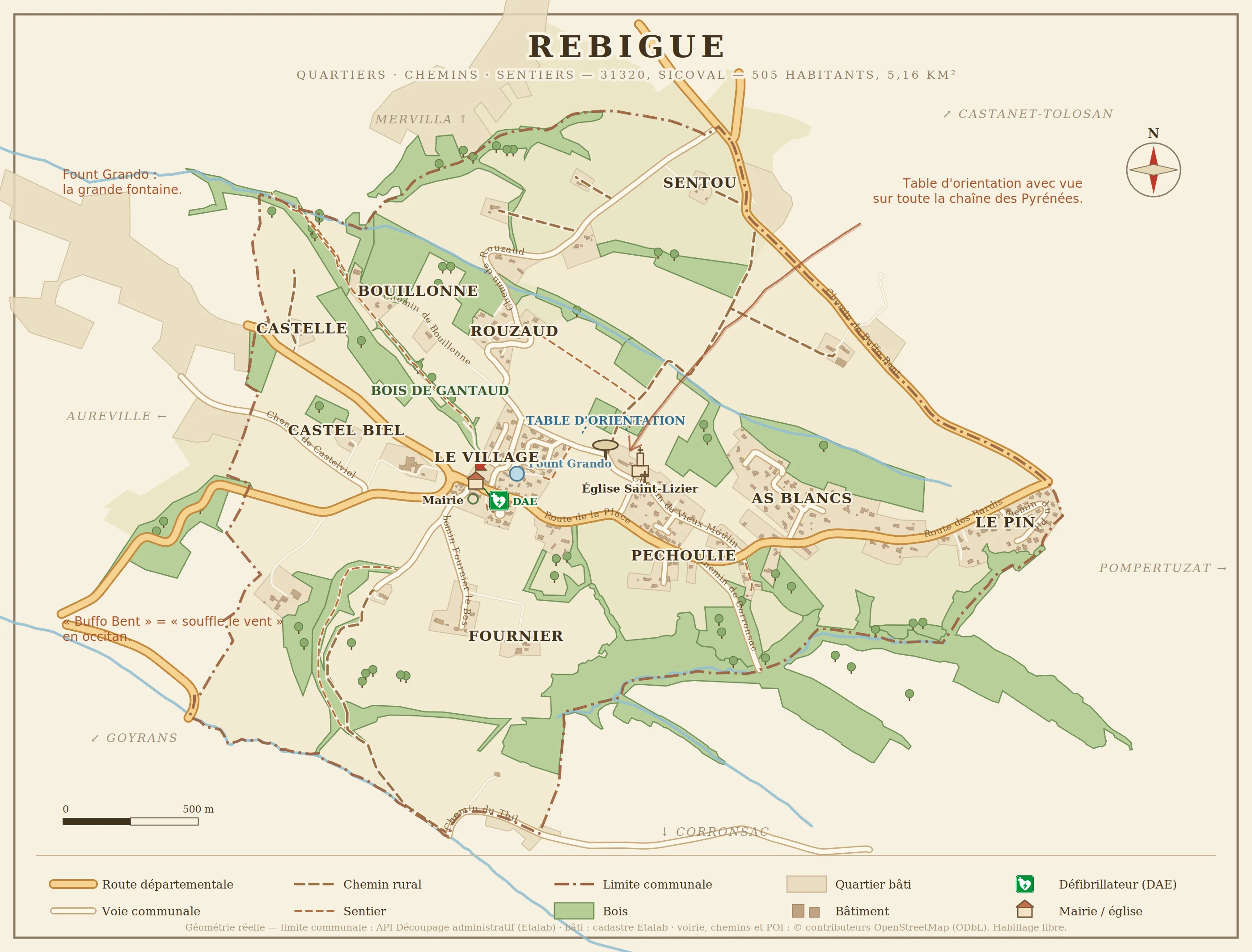 Carte de la commune de Rebigue : quartiers, routes, chemins ruraux, sentiers, bois et points d'intérêt